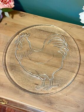 Clear Glass Rooster Platter Farmhouse Serving Plate 13” Round